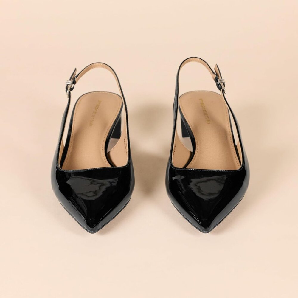 Women's Black Patent Pointed Toe Imported Slingback Comfort Blocked Heels - Picture 5 of 6